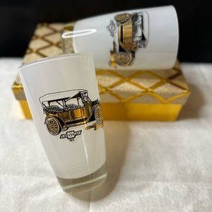 2 EUV Gay Fad Frosted Highball Glasses w/1912 Chevy Image In Black & 22k Gold